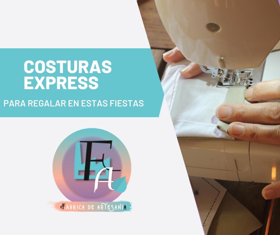 Cartel de costuras express para regalar estas fiestas. En la parte inferior izquierda aparece el logo de este blog y en el lateral derecho una foto de una máquina de coser.